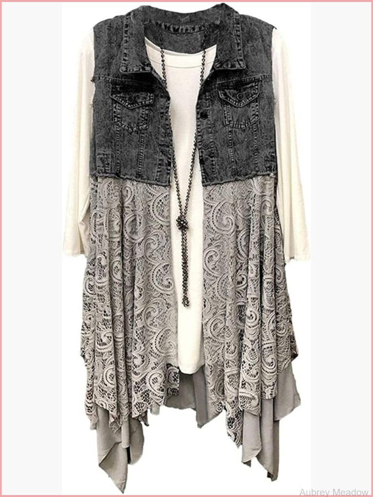 Sleeveless Denim Vest With Lace Hem And Patchwork Detail